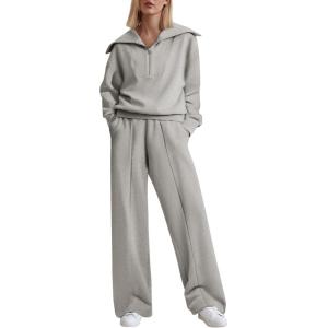 imageAleumdr Two Piece Outfits Half Zip Sweatshirt Sweatsuit Lounge Sets for Women Matching Set Wide Leg Sweatpant TracksuitLighter Weight Gray