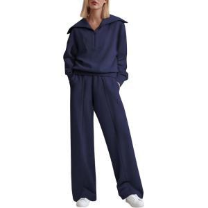 imageAleumdr Two Piece Outfits Half Zip Sweatshirt Sweatsuit Lounge Sets for Women Matching Set Wide Leg Sweatpant TracksuitLighter Weight Navy Blue