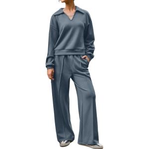 imageAleumdr Womens 2 Piece Outfits Fall Lounge Set Sweatsuit Long Sleeve Tops Wide Leg Pants with Pockets Travel OutfitAshleigh Blue