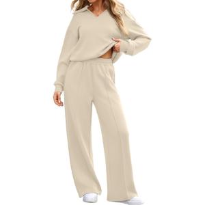 imageAleumdr Womens 2 Piece Outfits Fall Lounge Set Sweatsuit Long Sleeve Tops Wide Leg Pants with Pockets Travel OutfitBeige