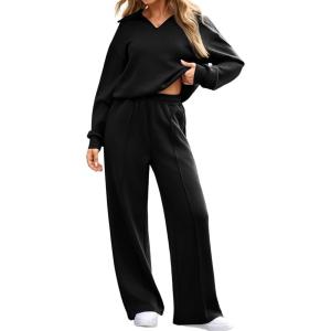 imageAleumdr Womens 2 Piece Outfits Fall Lounge Set Sweatsuit Long Sleeve Tops Wide Leg Pants with Pockets Travel OutfitBlack