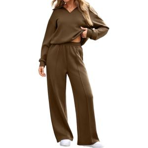 imageAleumdr Womens 2 Piece Outfits Fall Lounge Set Sweatsuit Long Sleeve Tops Wide Leg Pants with Pockets Travel OutfitBrown