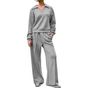 imageAleumdr Womens 2 Piece Outfits Fall Lounge Set Sweatsuit Long Sleeve Tops Wide Leg Pants with Pockets Travel OutfitGray