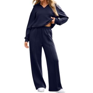 imageAleumdr Womens 2 Piece Outfits Fall Lounge Set Sweatsuit Long Sleeve Tops Wide Leg Pants with Pockets Travel OutfitNavy Blue