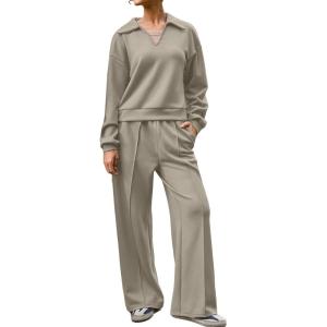 imageAleumdr Womens 2 Piece Outfits Fall Lounge Set Sweatsuit Long Sleeve Tops Wide Leg Pants with Pockets Travel OutfitParchment