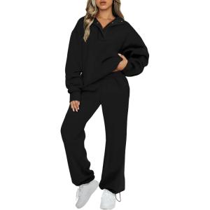 imageAleumdr Womens 2 Piece Outfits Fleece Sweatsuit Lounge Set Snap Button Long Sleeve Sweatshirt with Wide Leg SweatpantsA1 Black