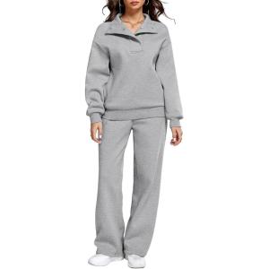 imageAleumdr Womens 2 Piece Outfits Fleece Sweatsuit Lounge Set Snap Button Long Sleeve Sweatshirt with Wide Leg SweatpantsA2 Gray
