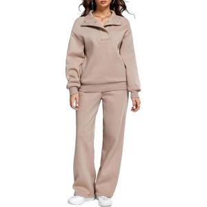 imageAleumdr Womens 2 Piece Outfits Fleece Sweatsuit Lounge Set Snap Button Long Sleeve Sweatshirt with Wide Leg SweatpantsA3 Nude