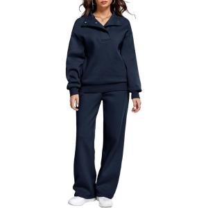 imageAleumdr Womens 2 Piece Outfits Fleece Sweatsuit Lounge Set Snap Button Long Sleeve Sweatshirt with Wide Leg SweatpantsA4 Navy Blue