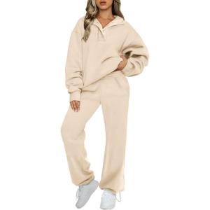imageAleumdr Womens 2 Piece Outfits Fleece Sweatsuit Lounge Set Snap Button Long Sleeve Sweatshirt with Wide Leg SweatpantsA5 Beige