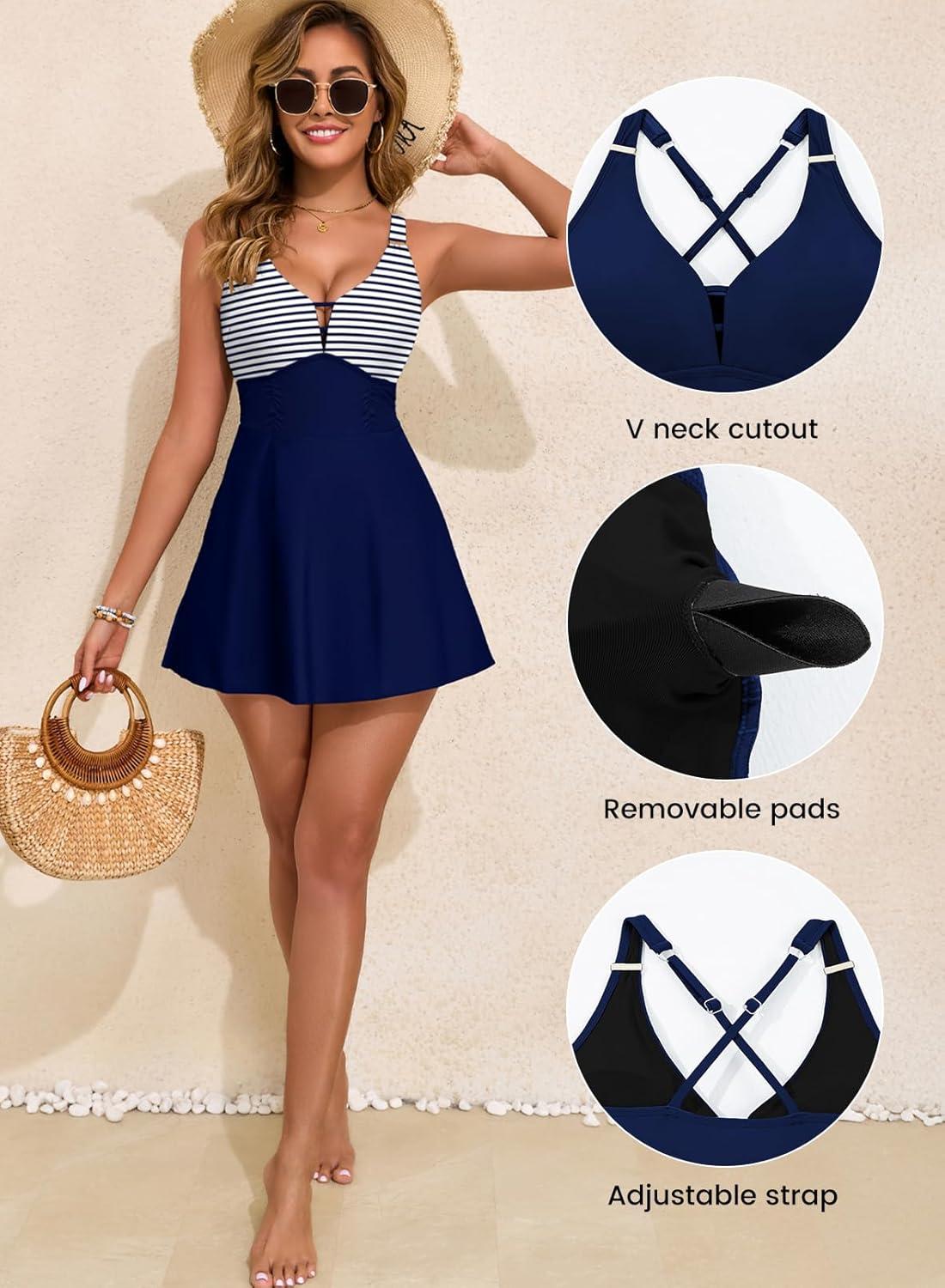 imageAleumdr One Piece Swimsuits for Women Slimming Tummy Control Swim Dress V Neck Keyhole Skirted Bathing SuitsBlue Stripe