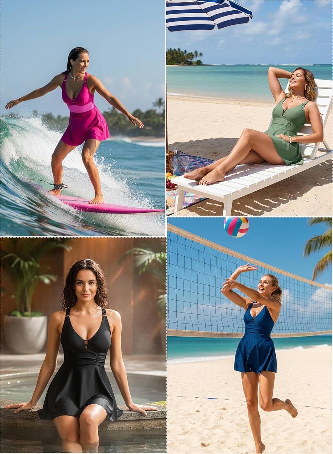 imageAleumdr One Piece Swimsuits for Women Slimming Tummy Control Swim Dress V Neck Keyhole Skirted Bathing SuitsDark Brown