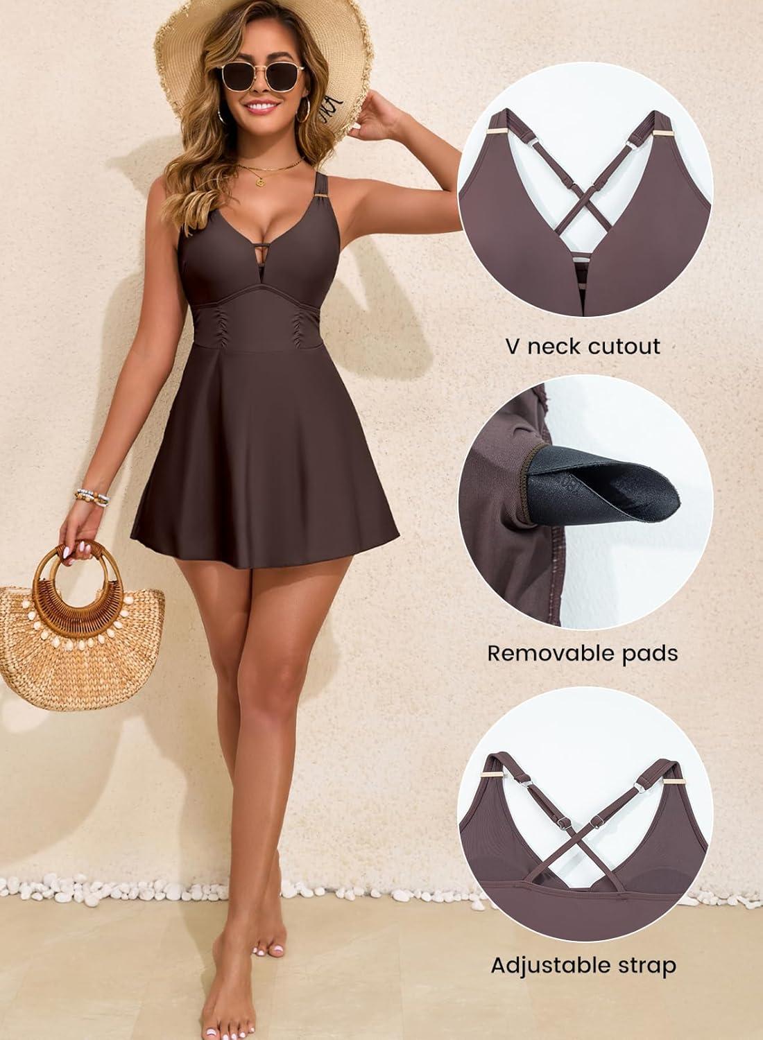 imageAleumdr One Piece Swimsuits for Women Slimming Tummy Control Swim Dress V Neck Keyhole Skirted Bathing SuitsDark Brown