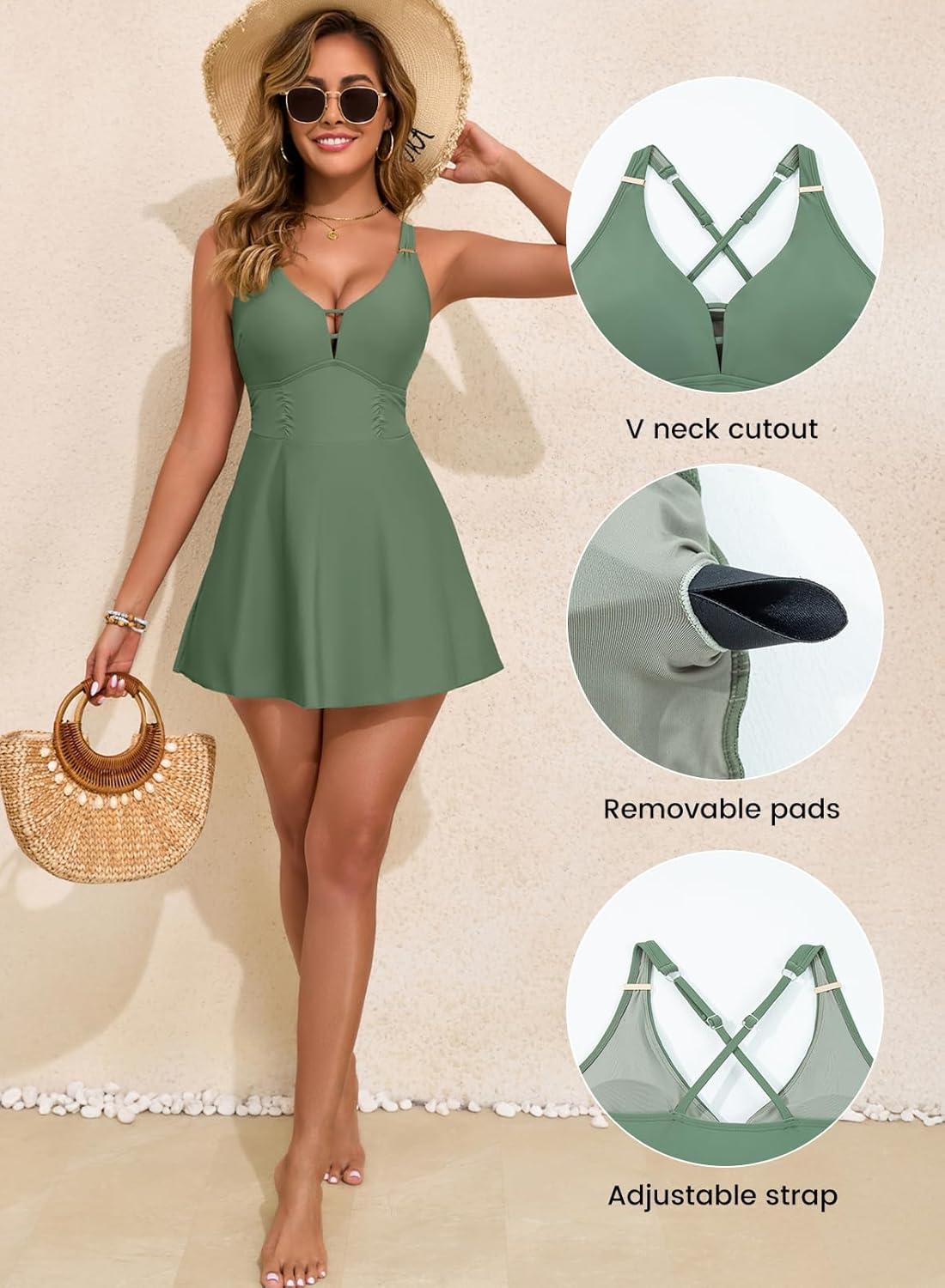 imageAleumdr One Piece Swimsuits for Women Slimming Tummy Control Swim Dress V Neck Keyhole Skirted Bathing SuitsMist Green