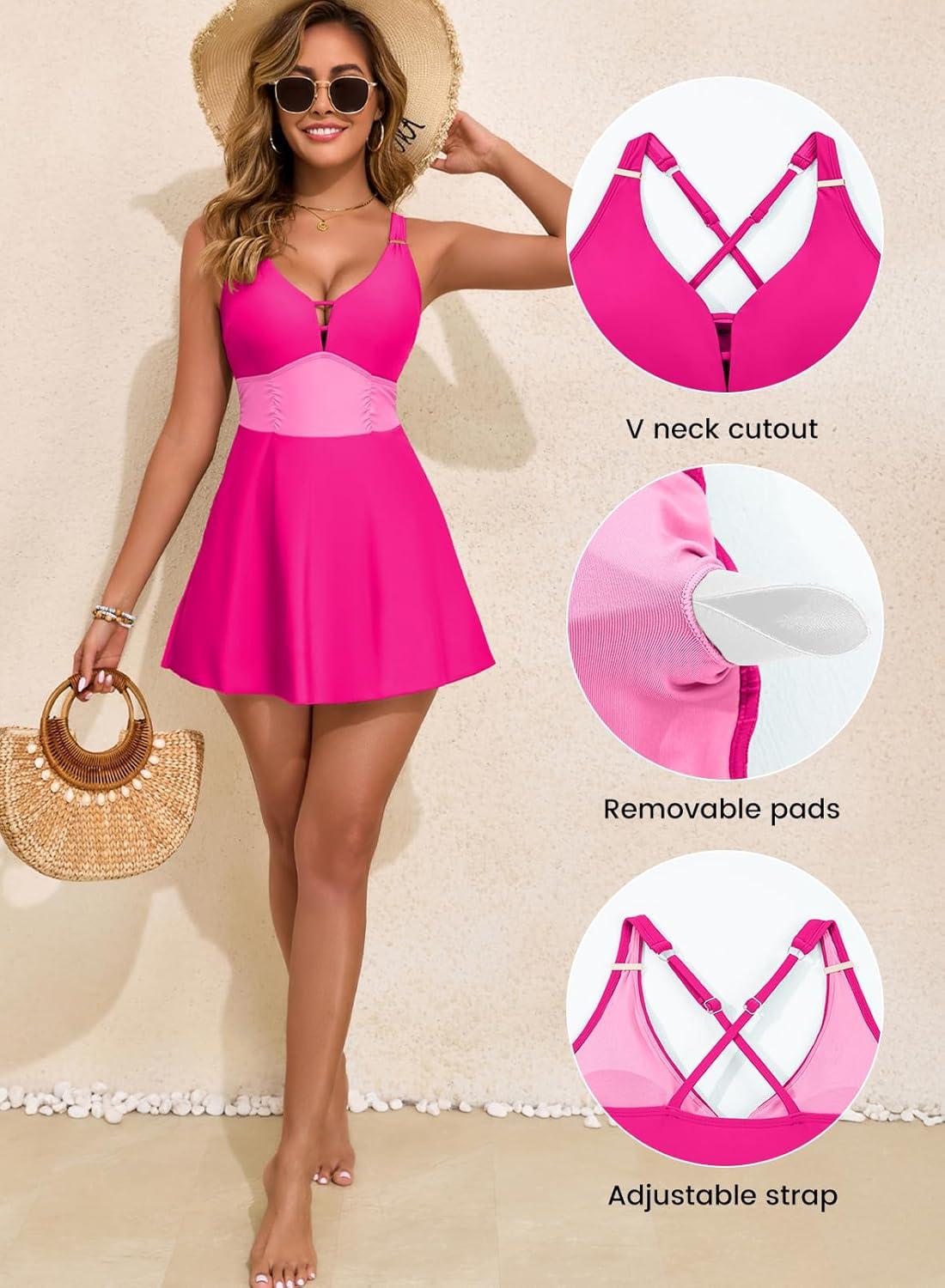 imageAleumdr One Piece Swimsuits for Women Slimming Tummy Control Swim Dress V Neck Keyhole Skirted Bathing SuitsRose Red