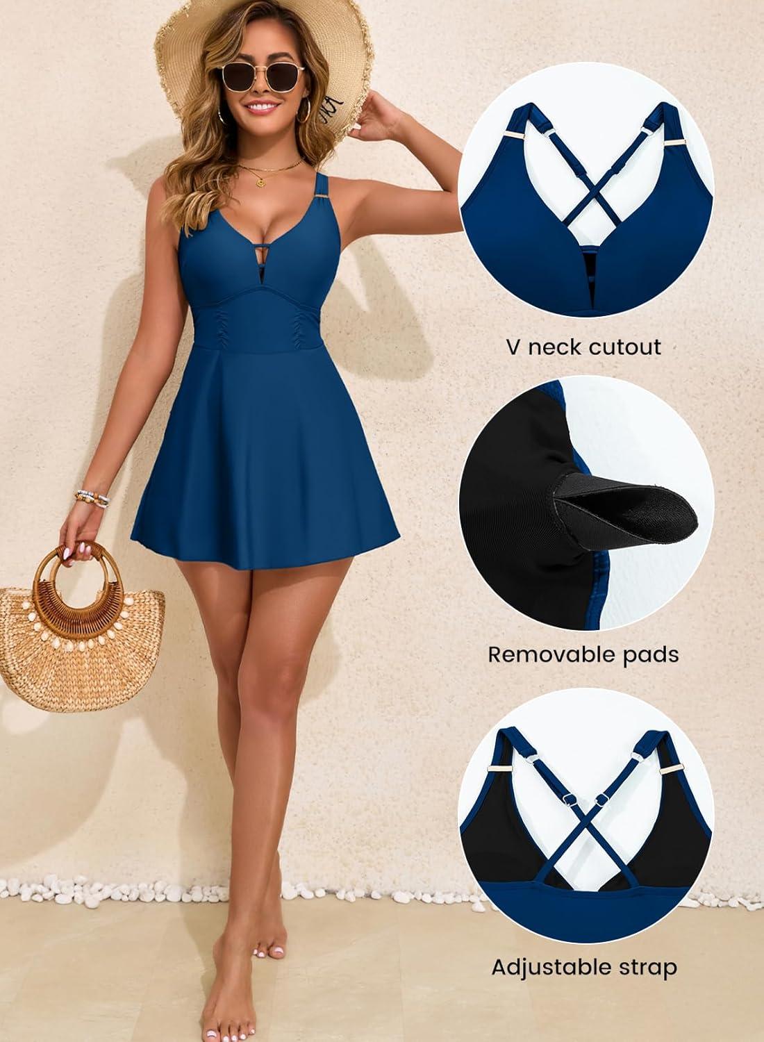 imageAleumdr One Piece Swimsuits for Women Slimming Tummy Control Swim Dress V Neck Keyhole Skirted Bathing SuitsSail Blue