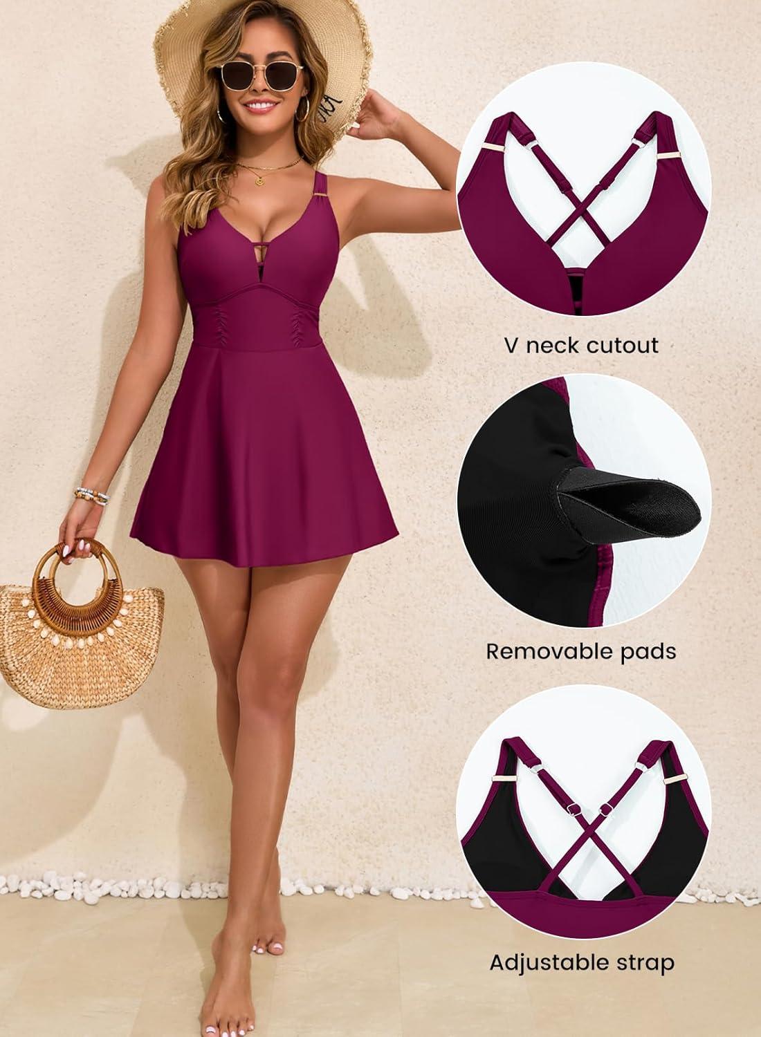 imageAleumdr One Piece Swimsuits for Women Slimming Tummy Control Swim Dress V Neck Keyhole Skirted Bathing SuitsViolet