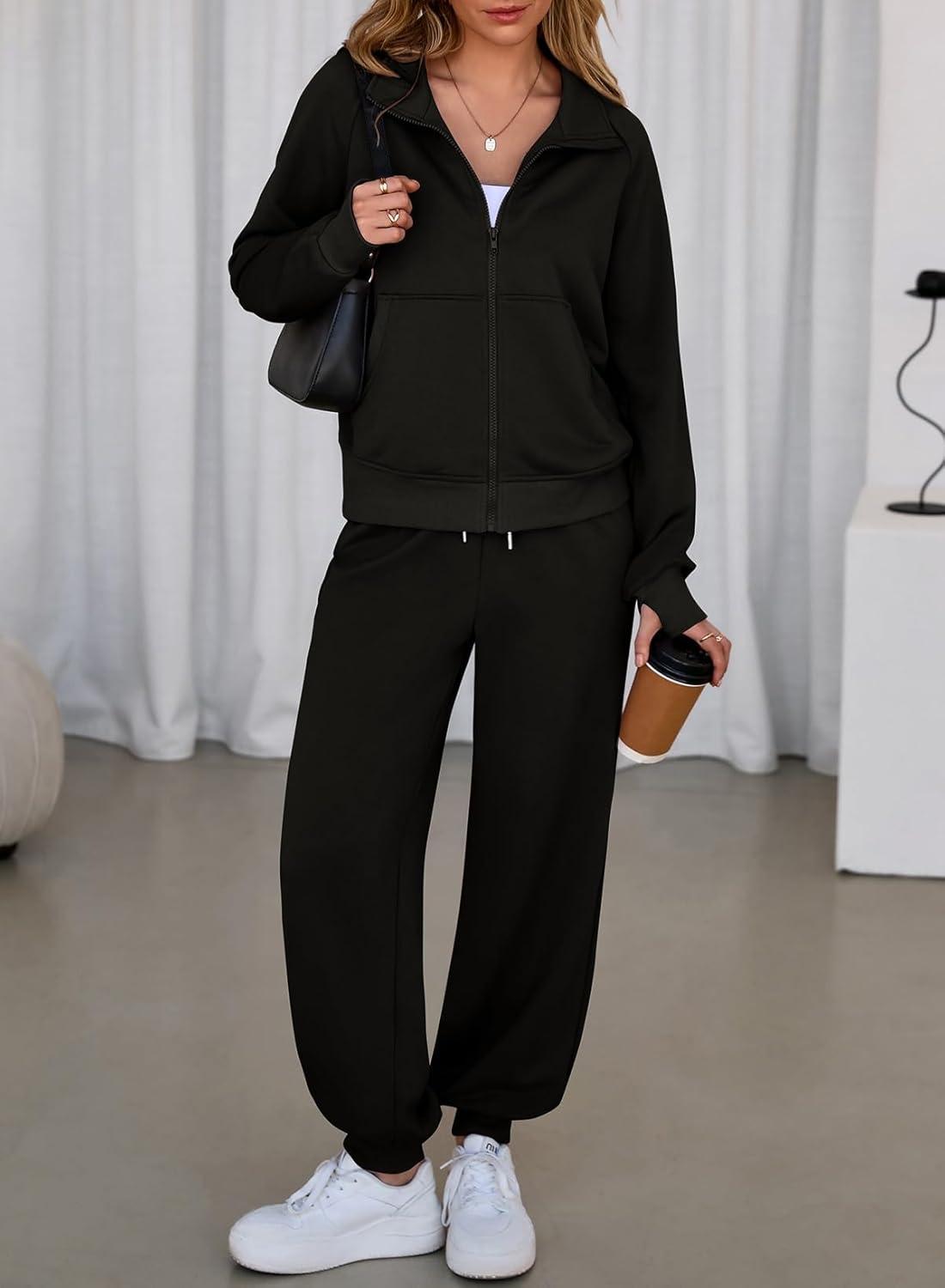 imageAleumdr Womens 2 Piece Outfits Tracksuit Zip Up Long Sleeve Sweatshirt and Joggers Pants Matching Sets with PocketsA1 Black