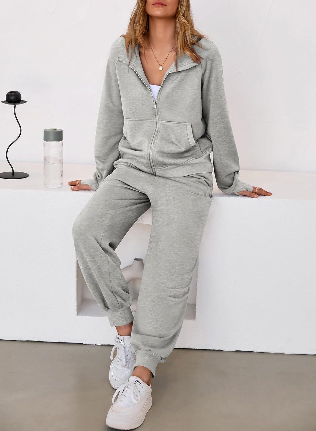 imageAleumdr Womens 2 Piece Outfits Tracksuit Zip Up Long Sleeve Sweatshirt and Joggers Pants Matching Sets with PocketsA2 Gray