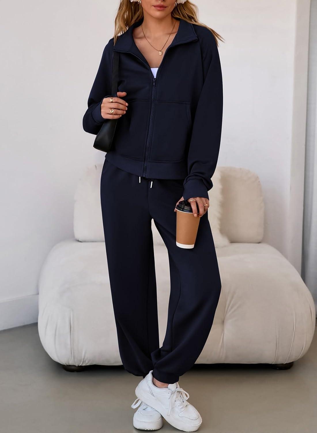 imageAleumdr Womens 2 Piece Outfits Tracksuit Zip Up Long Sleeve Sweatshirt and Joggers Pants Matching Sets with PocketsA3 Navy Blue