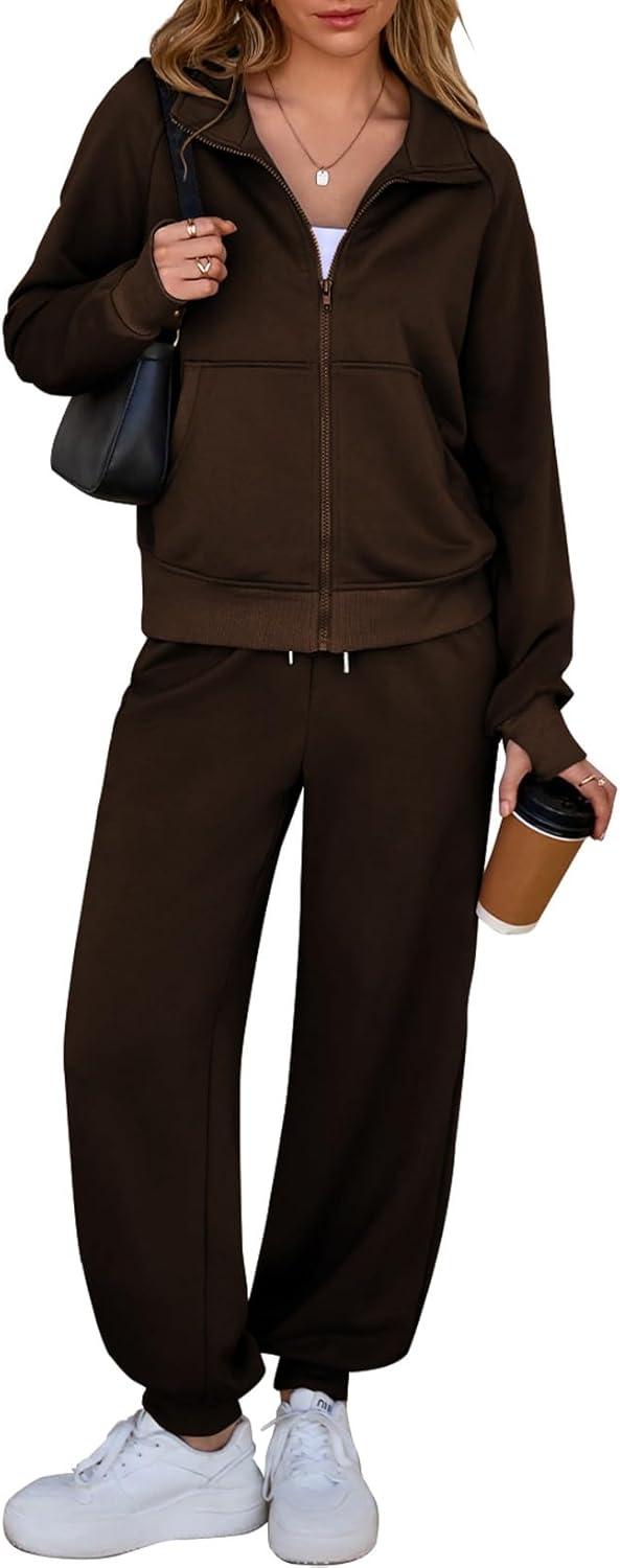 imageAleumdr Womens 2 Piece Outfits Tracksuit Zip Up Long Sleeve Sweatshirt and Joggers Pants Matching Sets with PocketsA4 Brown