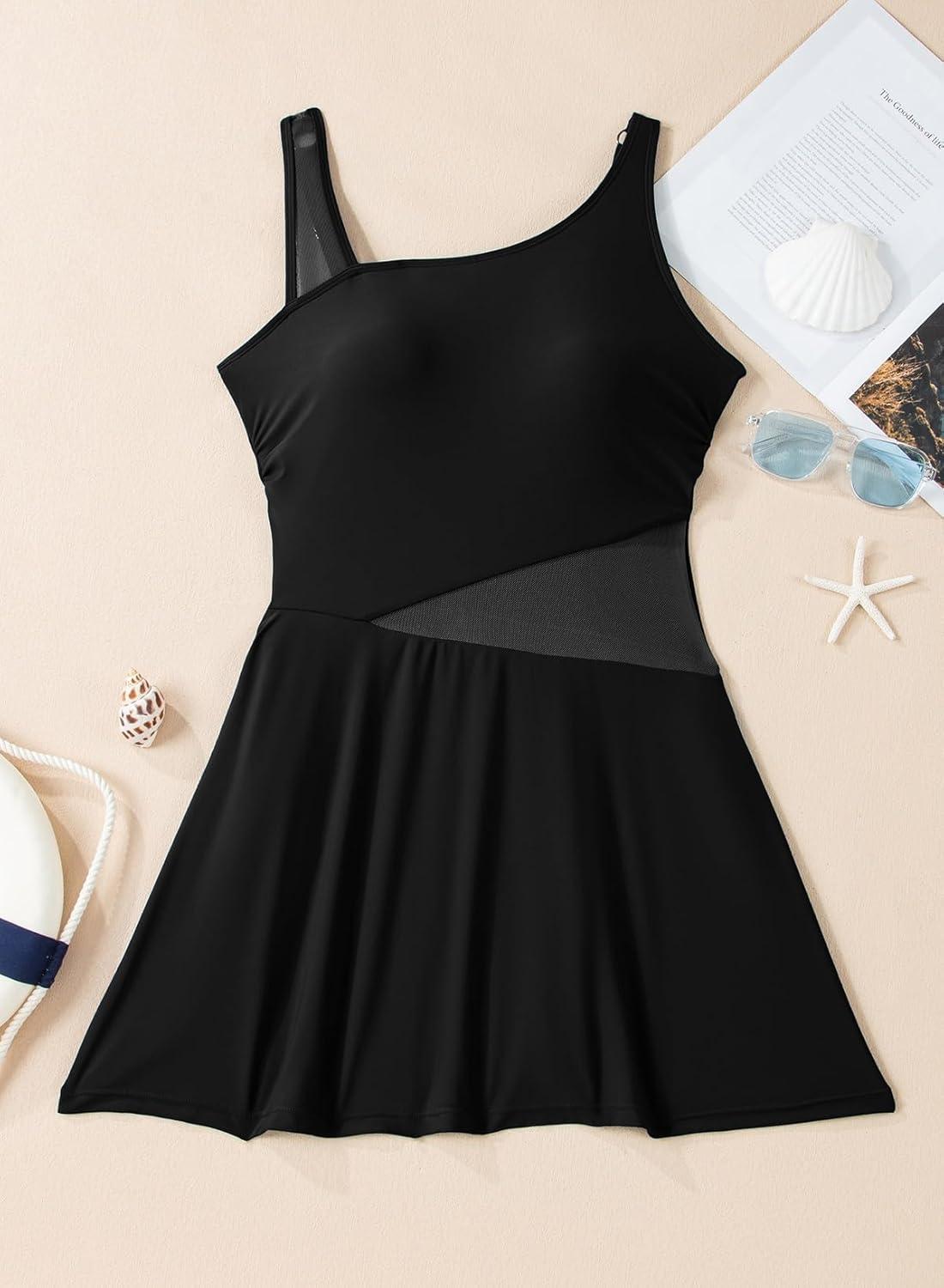 imageAleumdr Womens One Piece Swim Dress Tummy Control Swimsuits Modest Full Coverage Mesh Bathing Suits with SkirtBlack