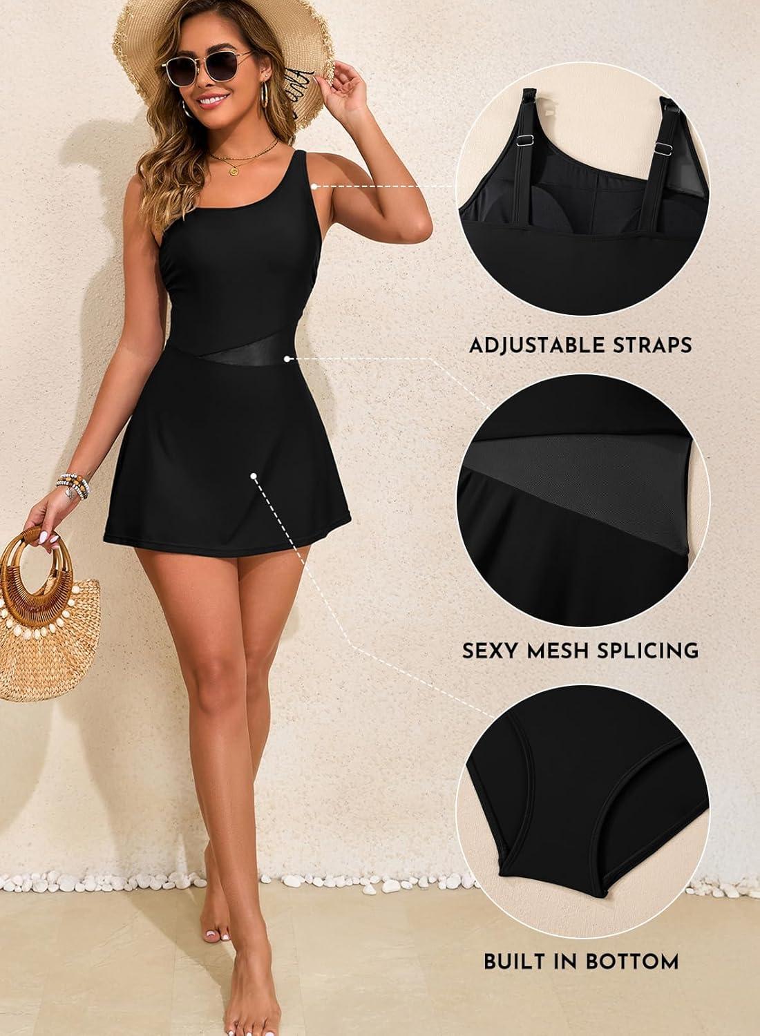 imageAleumdr Womens One Piece Swim Dress Tummy Control Swimsuits Modest Full Coverage Mesh Bathing Suits with SkirtBlack