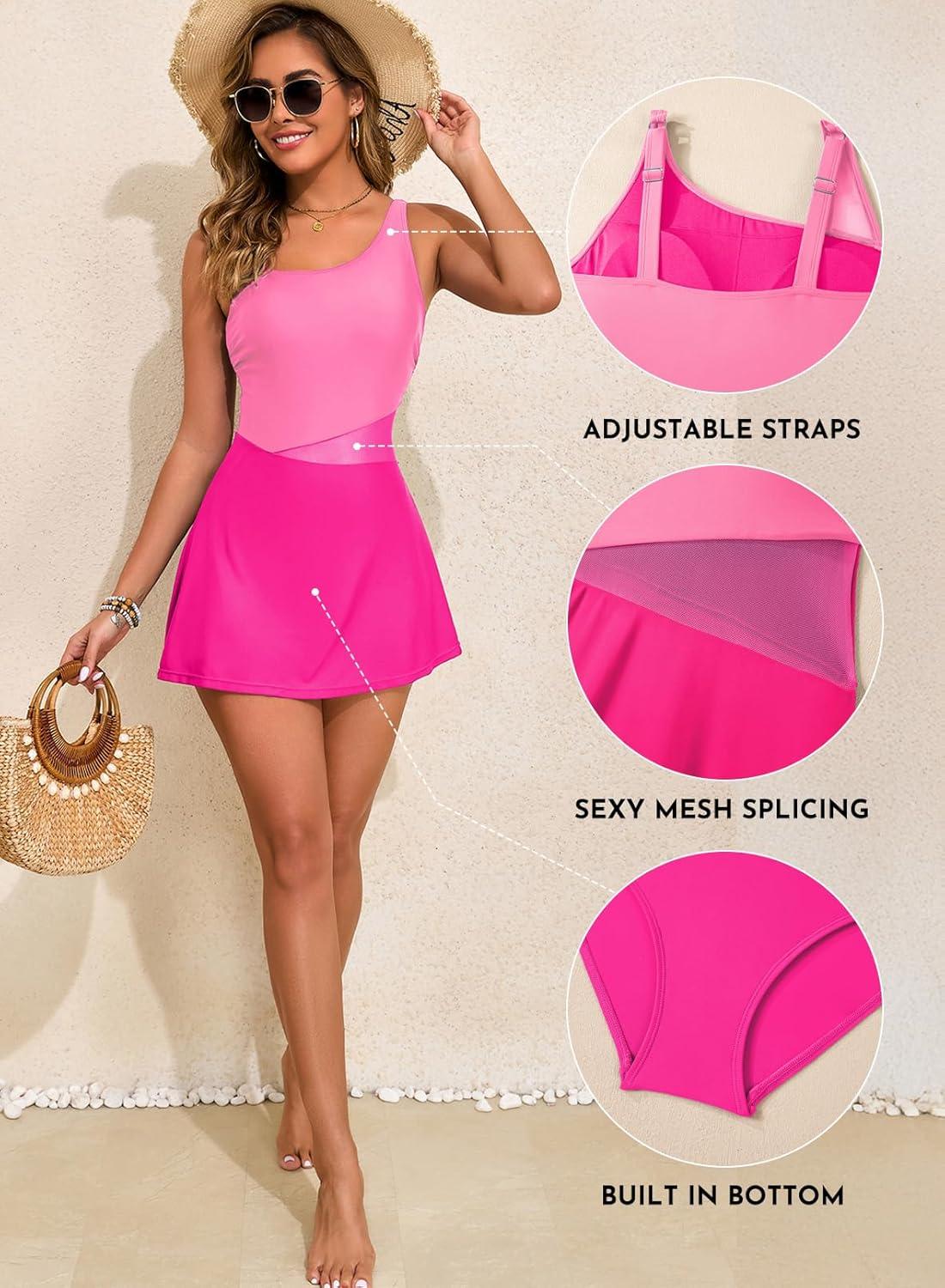 imageAleumdr Womens One Piece Swim Dress Tummy Control Swimsuits Modest Full Coverage Mesh Bathing Suits with SkirtRose Red