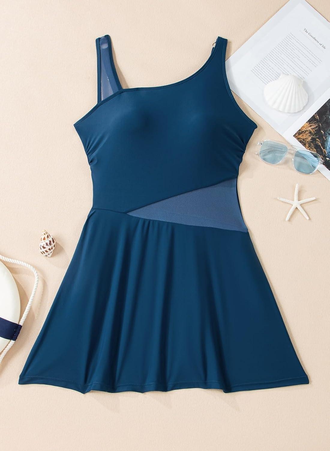 imageAleumdr Womens One Piece Swim Dress Tummy Control Swimsuits Modest Full Coverage Mesh Bathing Suits with SkirtSail Blue