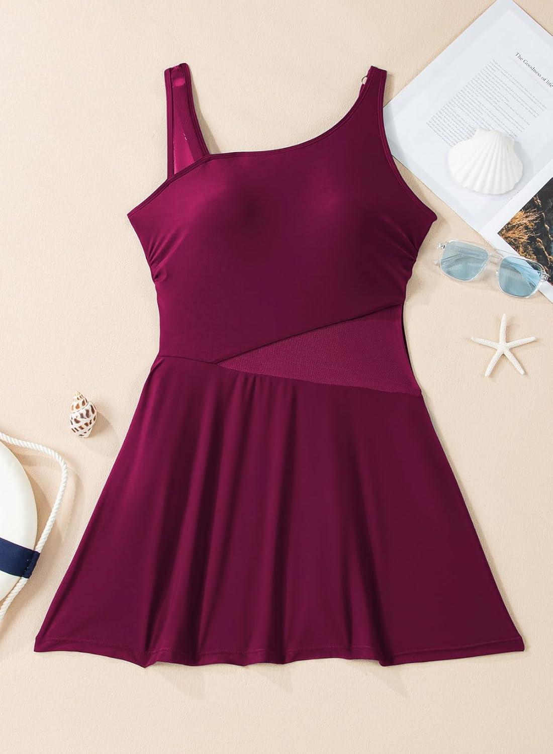 imageAleumdr Womens One Piece Swim Dress Tummy Control Swimsuits Modest Full Coverage Mesh Bathing Suits with SkirtViolet