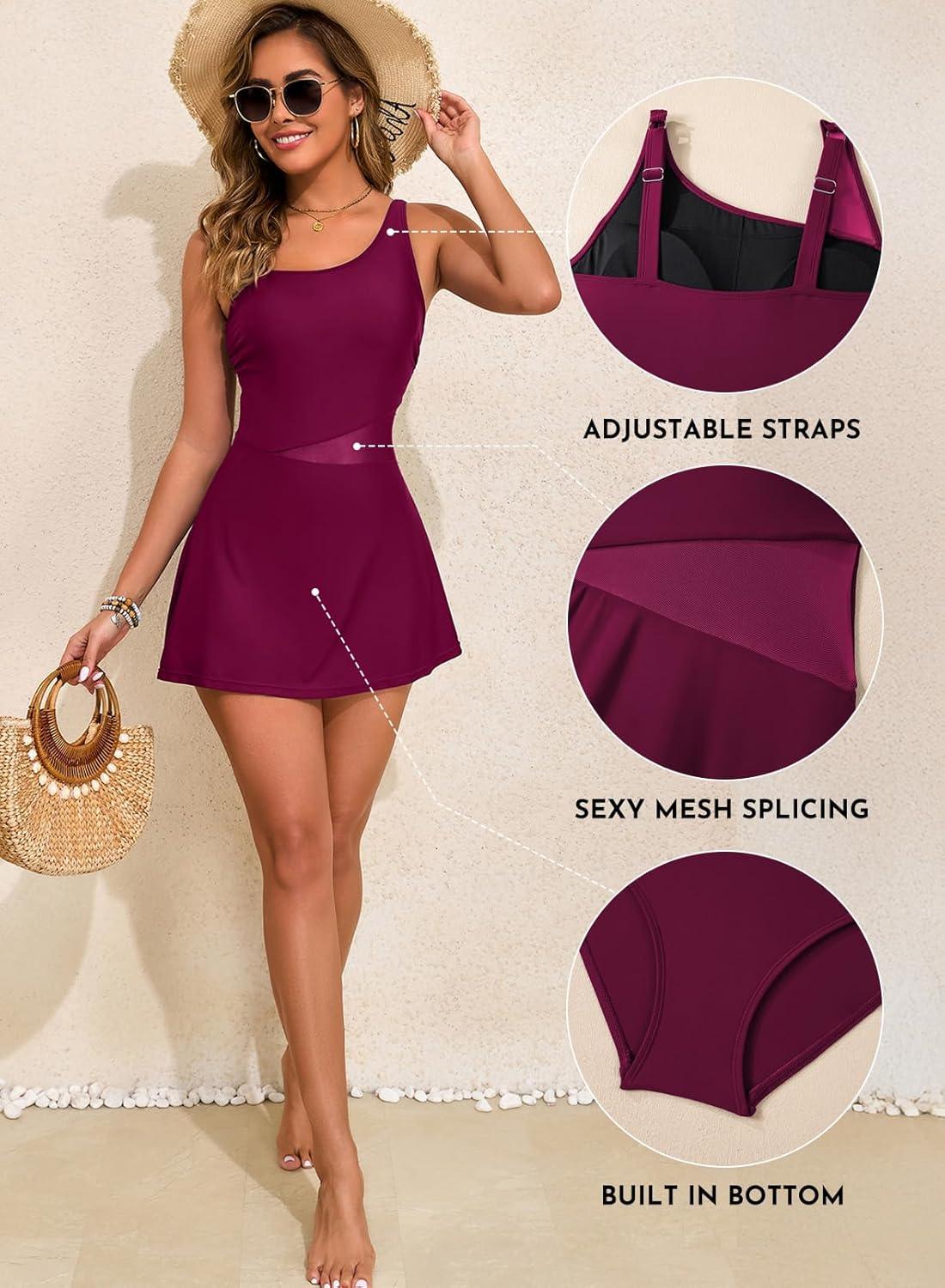 imageAleumdr Womens One Piece Swim Dress Tummy Control Swimsuits Modest Full Coverage Mesh Bathing Suits with SkirtViolet