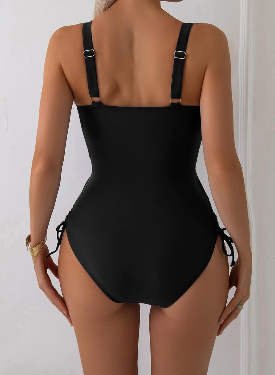 imageAleumdr Womens One Piece Swimsuit Ruffle Slimming Tummy Control Bathing Suits Cutout V Neck High Cut SwimwearBlack