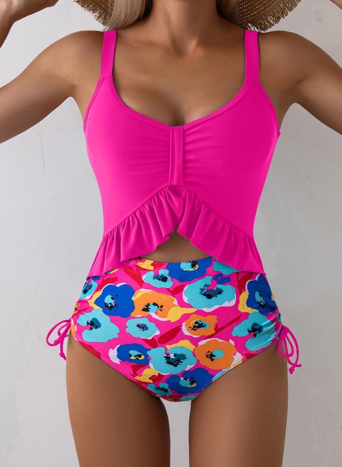 imageAleumdr Womens One Piece Swimsuit Ruffle Slimming Tummy Control Bathing Suits Cutout V Neck High Cut SwimwearRose Red