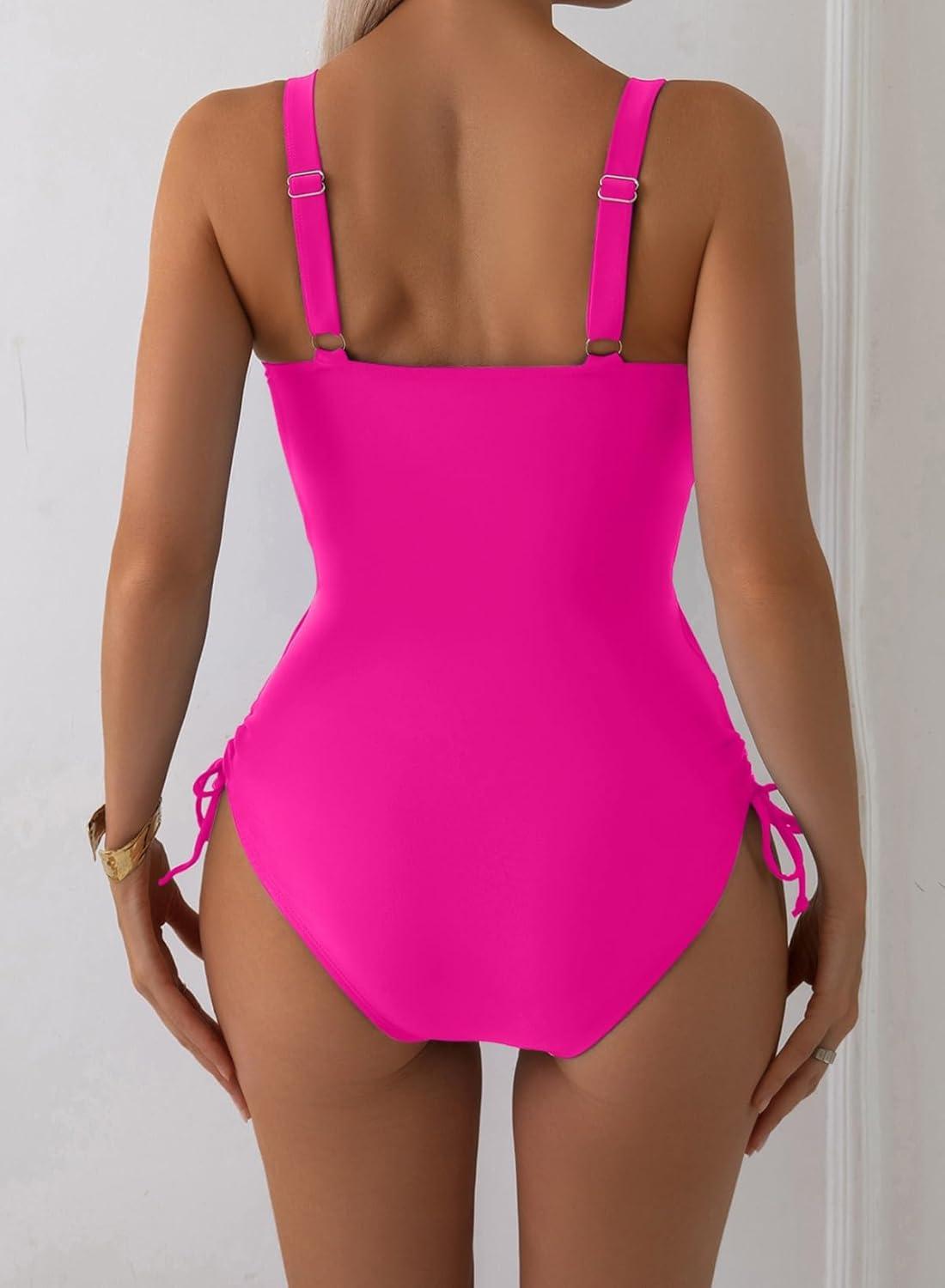 imageAleumdr Womens One Piece Swimsuit Ruffle Slimming Tummy Control Bathing Suits Cutout V Neck High Cut SwimwearRose Red