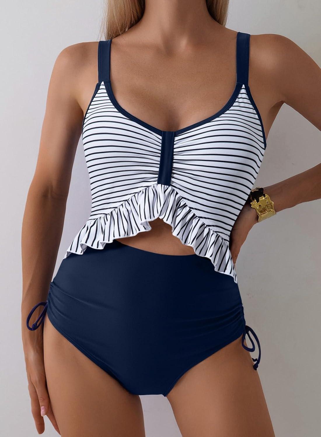 imageAleumdr Womens One Piece Swimsuit Ruffle Slimming Tummy Control Bathing Suits Cutout V Neck High Cut SwimwearStripe Blue