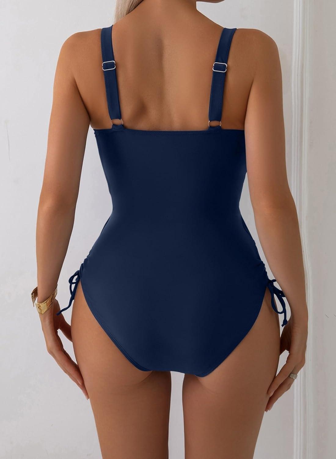 imageAleumdr Womens One Piece Swimsuit Ruffle Slimming Tummy Control Bathing Suits Cutout V Neck High Cut SwimwearStripe Blue