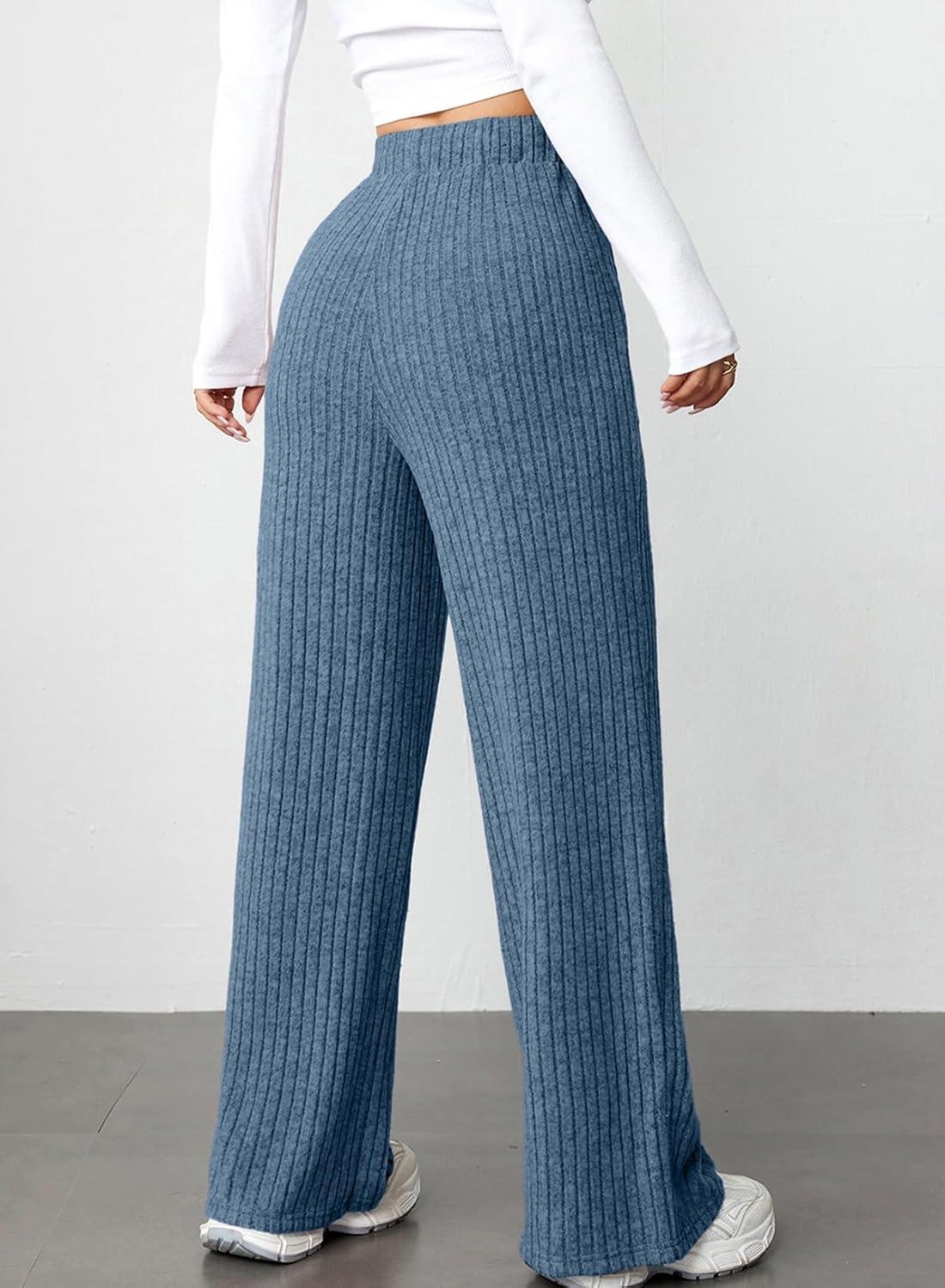 imageAleumdr Womens Ribbed Wide Leg Lounge Pants with Pockets Casual Relaxed Comfy Loose Soft Knit Pajama Pants with DrawstringAshleigh Blue