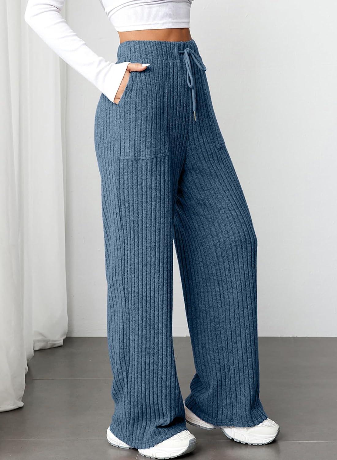 imageAleumdr Womens Ribbed Wide Leg Lounge Pants with Pockets Casual Relaxed Comfy Loose Soft Knit Pajama Pants with DrawstringAshleigh Blue