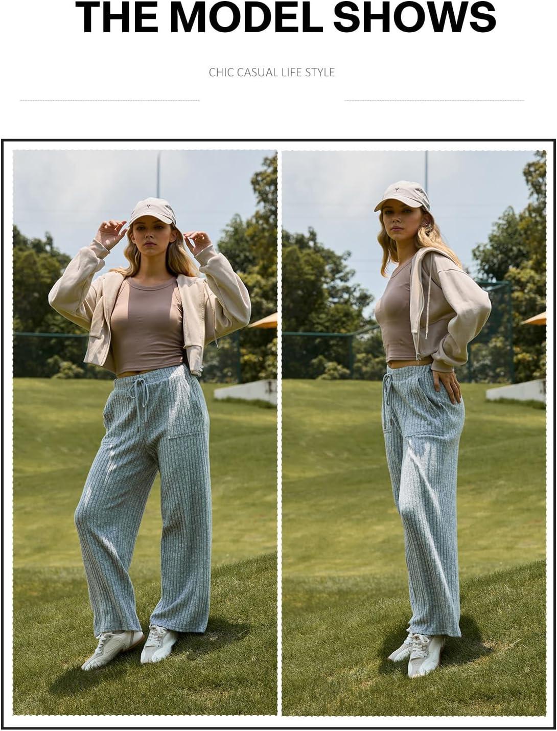 imageAleumdr Womens Ribbed Wide Leg Lounge Pants with Pockets Casual Relaxed Comfy Loose Soft Knit Pajama Pants with DrawstringCarbon Grey