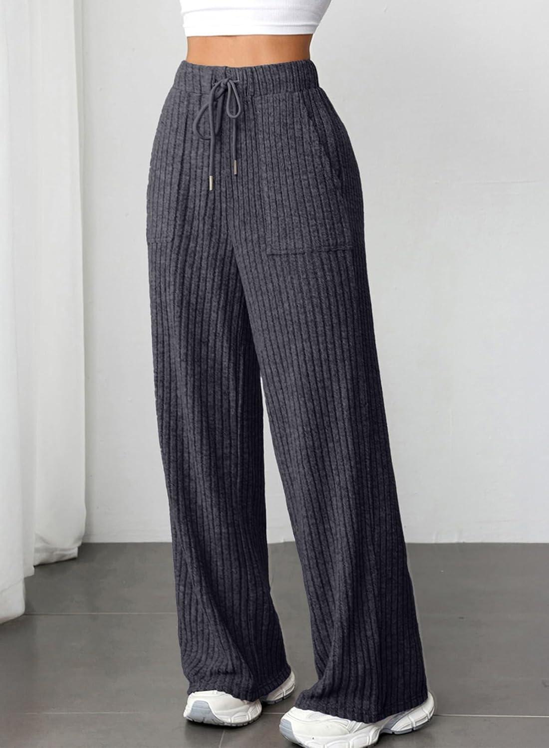 imageAleumdr Womens Ribbed Wide Leg Lounge Pants with Pockets Casual Relaxed Comfy Loose Soft Knit Pajama Pants with DrawstringCarbon Grey