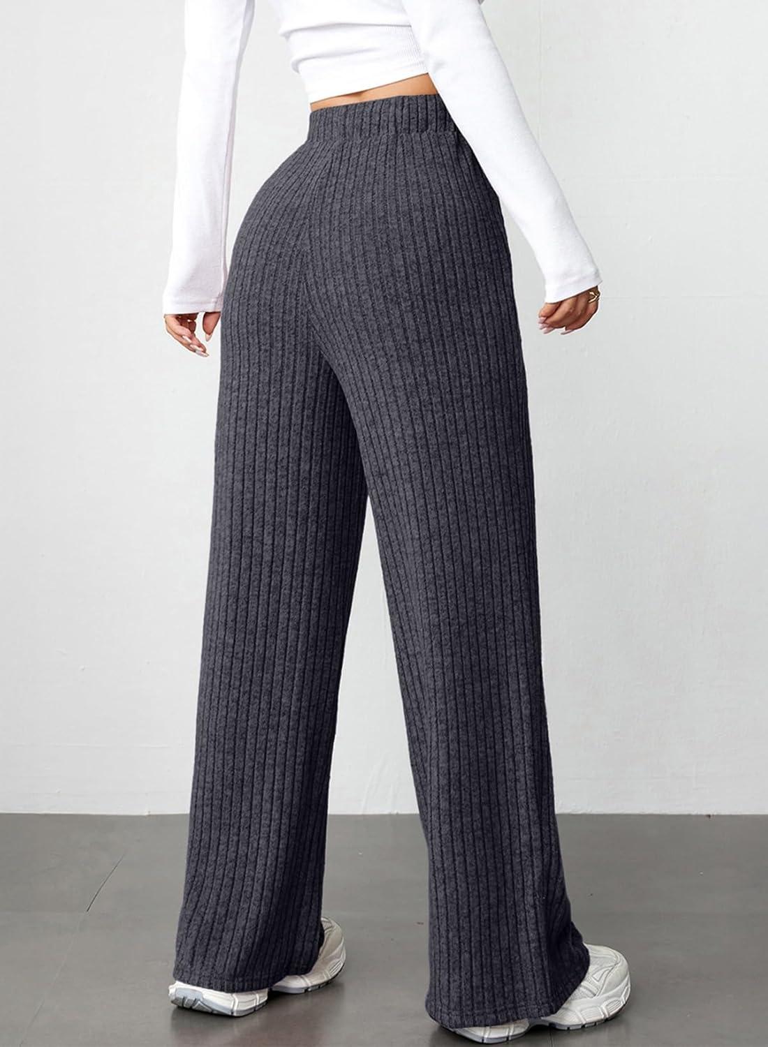 imageAleumdr Womens Ribbed Wide Leg Lounge Pants with Pockets Casual Relaxed Comfy Loose Soft Knit Pajama Pants with DrawstringCarbon Grey