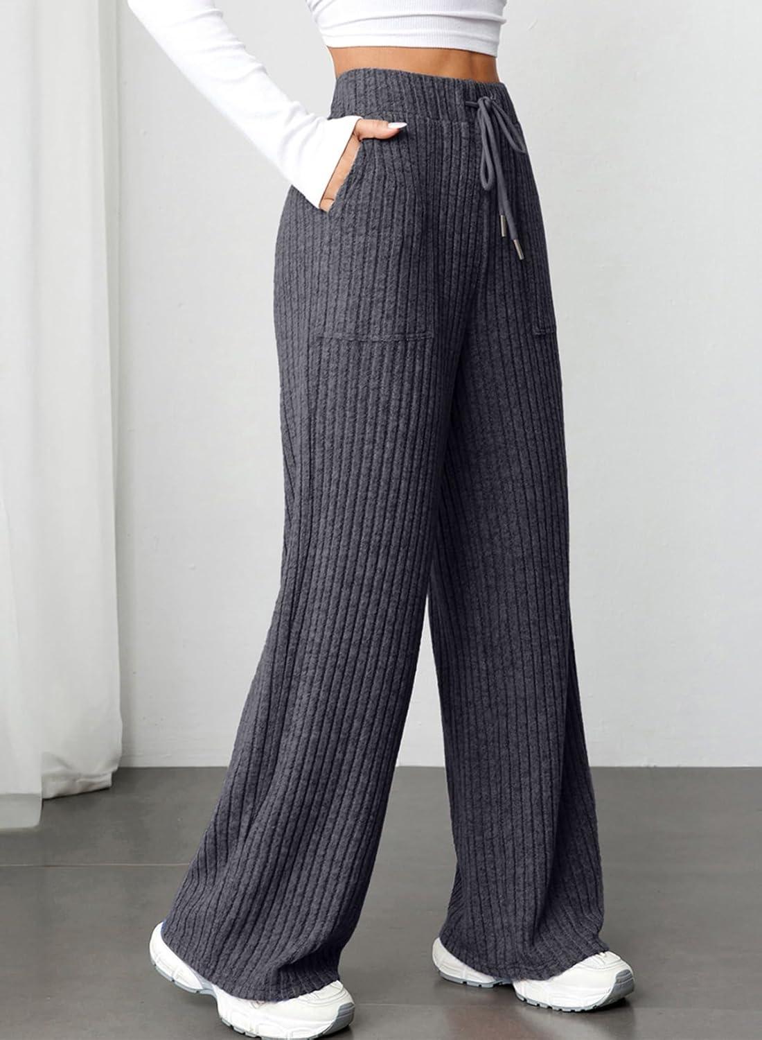 imageAleumdr Womens Ribbed Wide Leg Lounge Pants with Pockets Casual Relaxed Comfy Loose Soft Knit Pajama Pants with DrawstringCarbon Grey