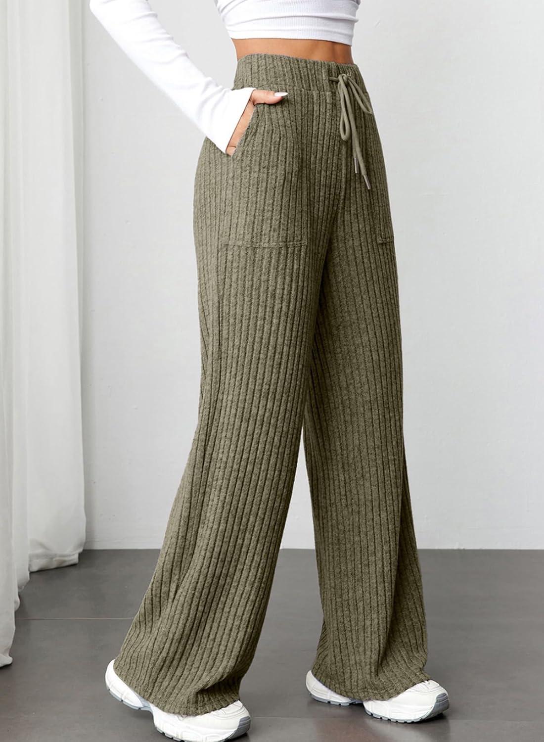 imageAleumdr Womens Ribbed Wide Leg Lounge Pants with Pockets Casual Relaxed Comfy Loose Soft Knit Pajama Pants with DrawstringGreen