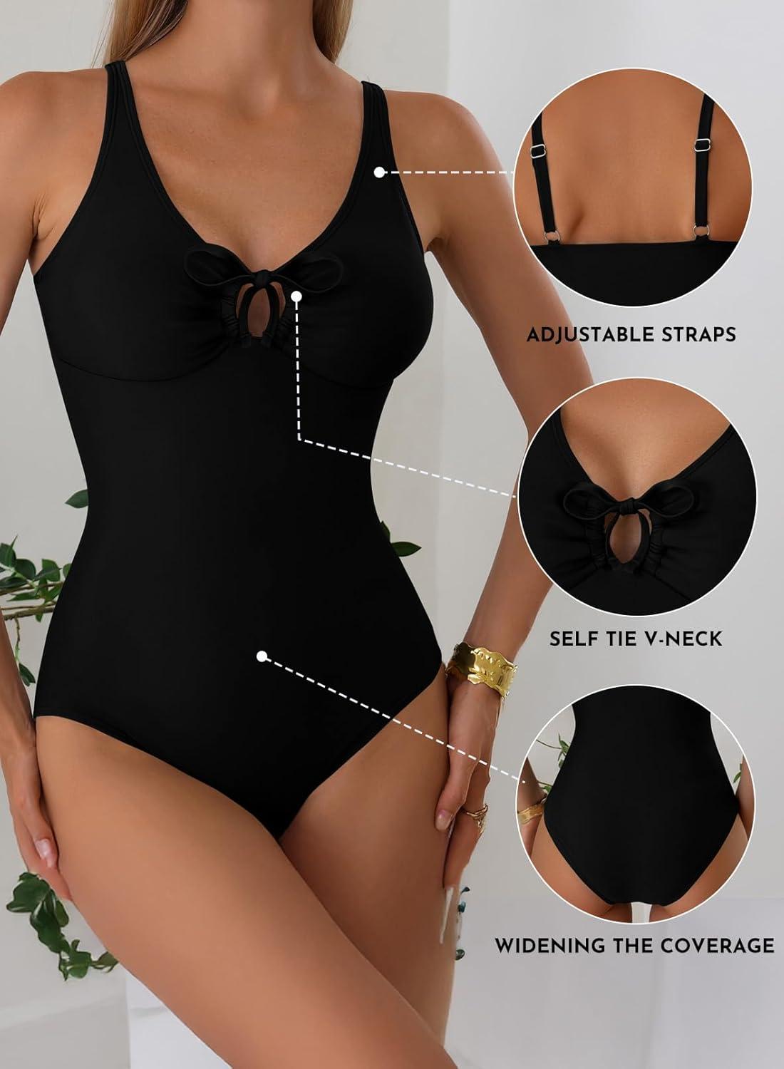 imageAleumdr Womens Tummy Control One Piece Swimsuit V Neck High Cut Bathing Suit Cutout Tie Knot Slimming SwimwearBlack