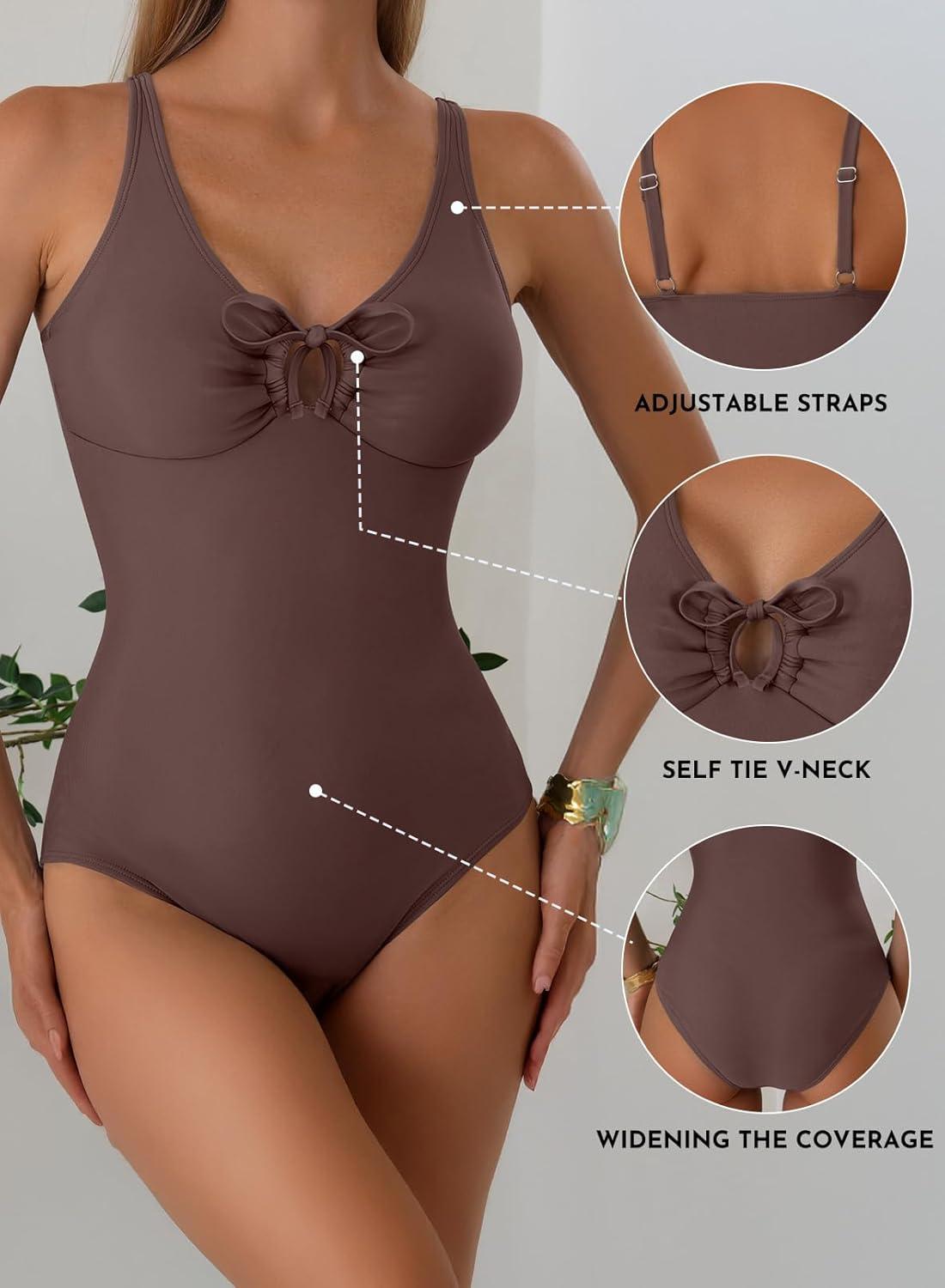 imageAleumdr Womens Tummy Control One Piece Swimsuit V Neck High Cut Bathing Suit Cutout Tie Knot Slimming SwimwearCoffee