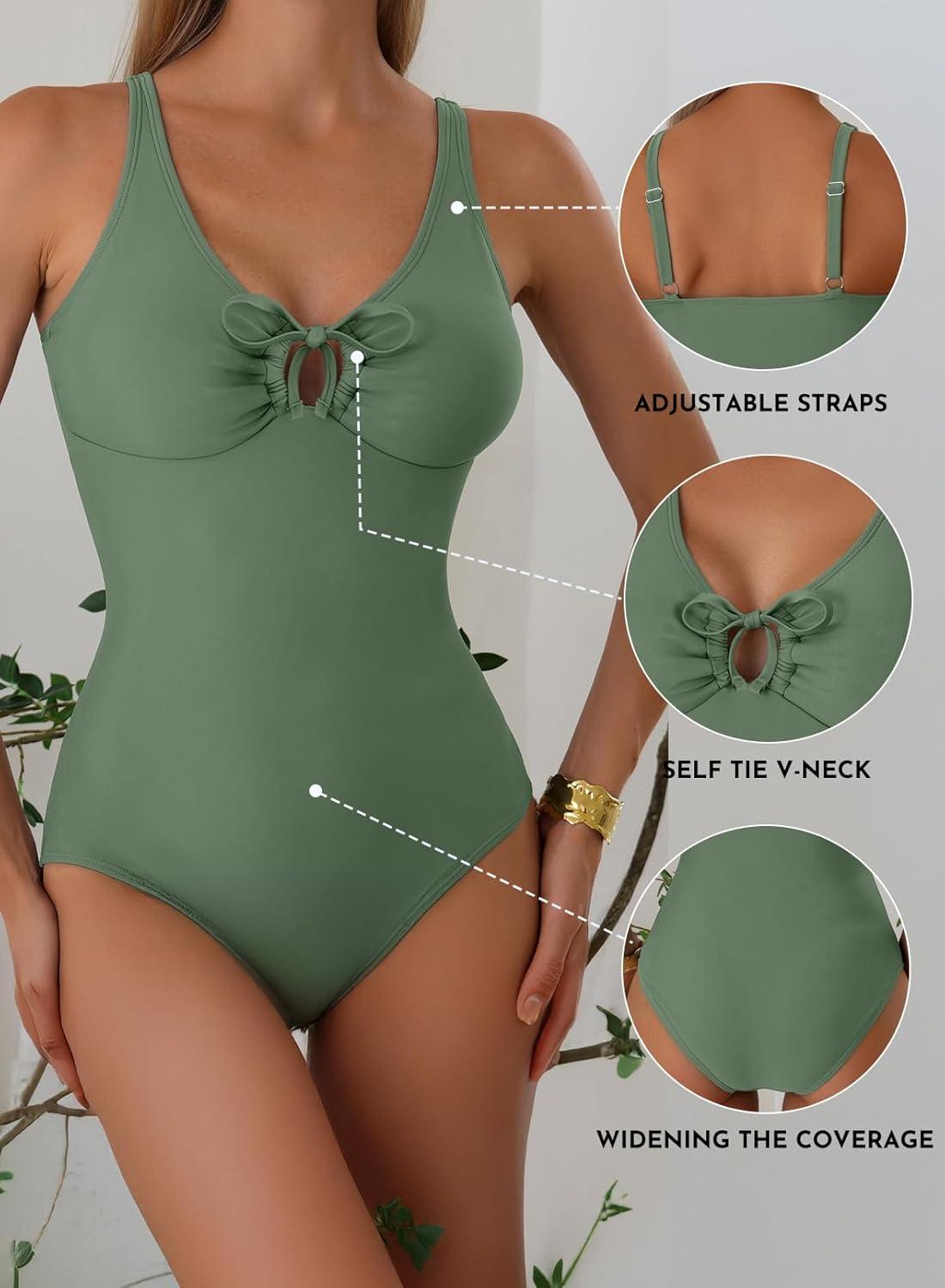 imageAleumdr Womens Tummy Control One Piece Swimsuit V Neck High Cut Bathing Suit Cutout Tie Knot Slimming SwimwearFour Leaf Clover