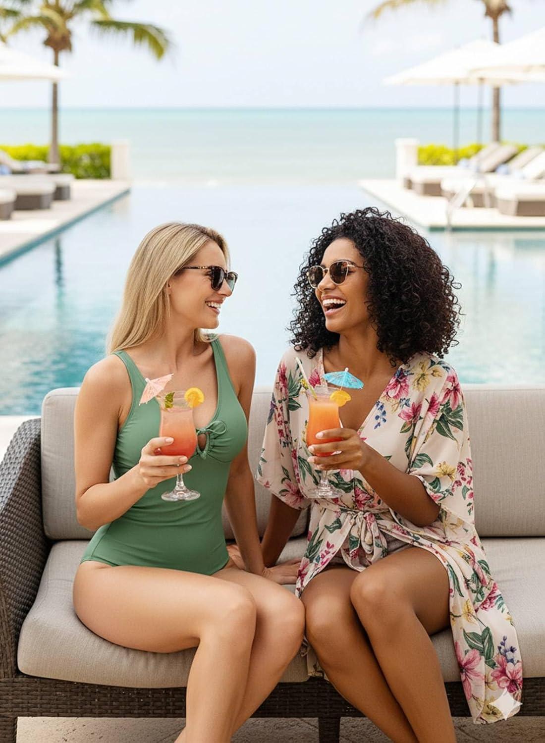 imageAleumdr Womens Tummy Control One Piece Swimsuit V Neck High Cut Bathing Suit Cutout Tie Knot Slimming SwimwearFour Leaf Clover