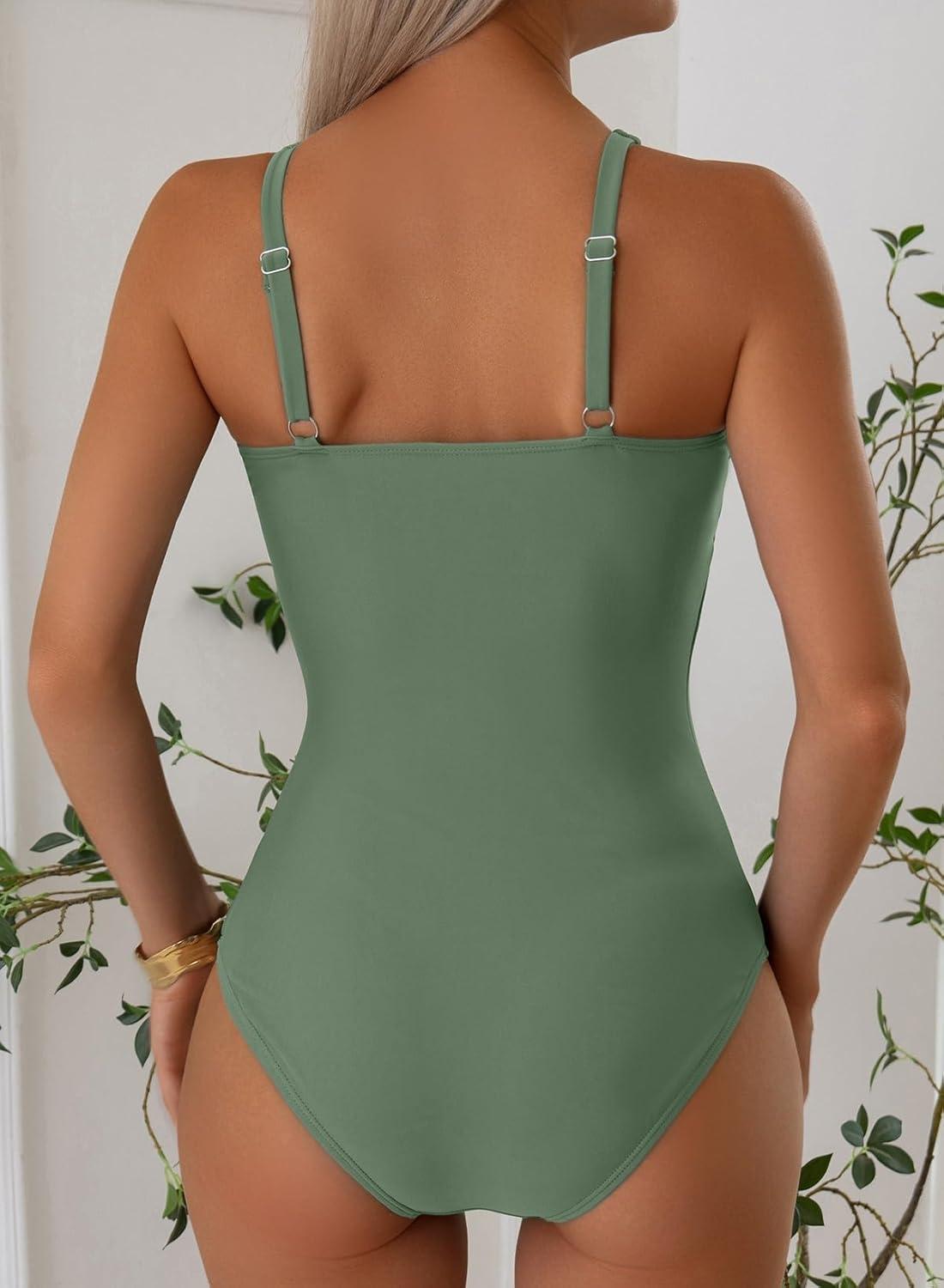 imageAleumdr Womens Tummy Control One Piece Swimsuit V Neck High Cut Bathing Suit Cutout Tie Knot Slimming SwimwearFour Leaf Clover