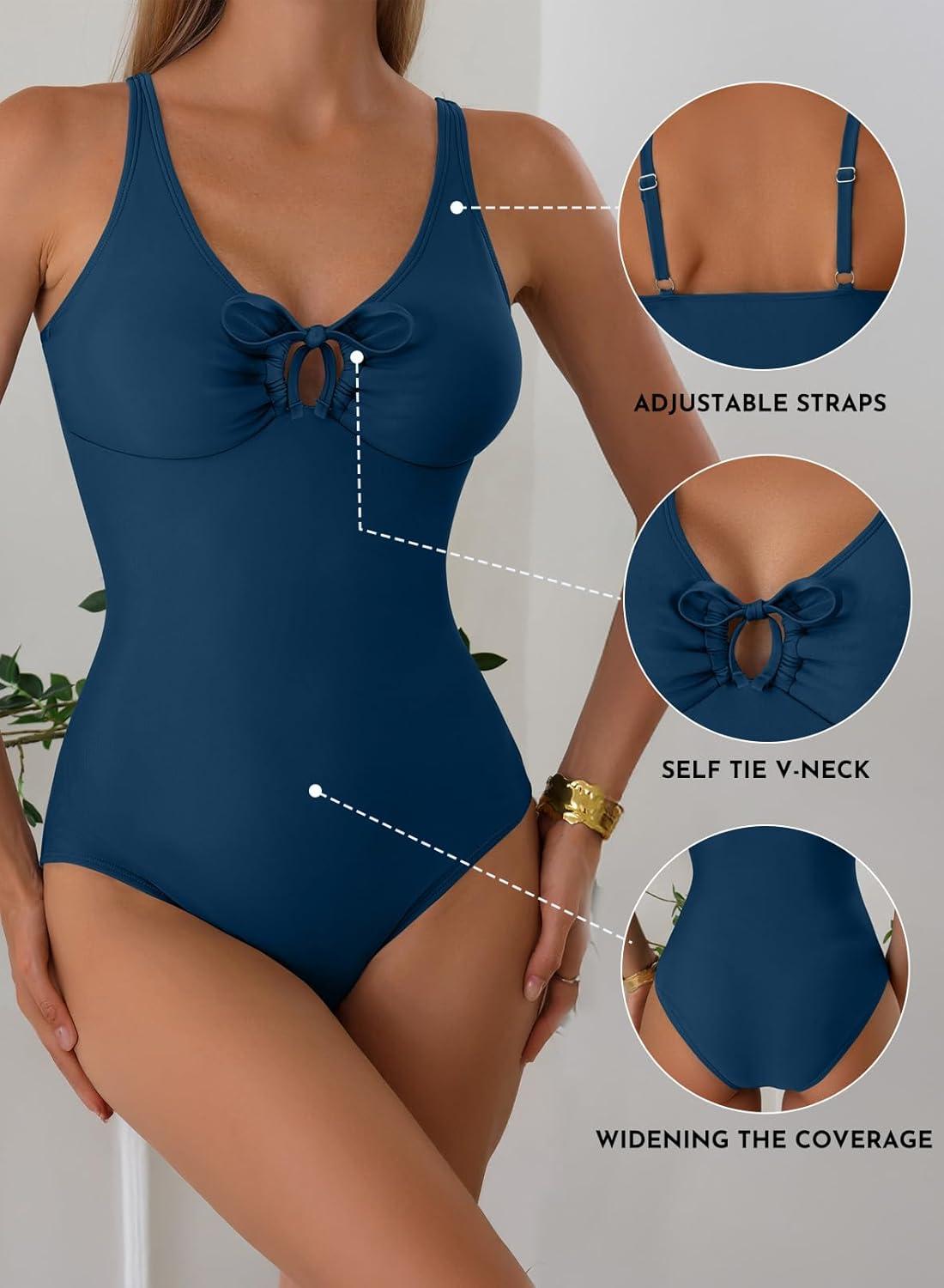 imageAleumdr Womens Tummy Control One Piece Swimsuit V Neck High Cut Bathing Suit Cutout Tie Knot Slimming SwimwearSail Blue