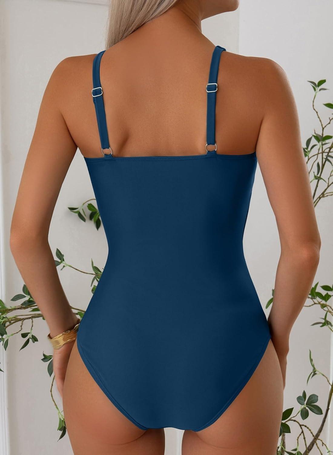imageAleumdr Womens Tummy Control One Piece Swimsuit V Neck High Cut Bathing Suit Cutout Tie Knot Slimming SwimwearSail Blue